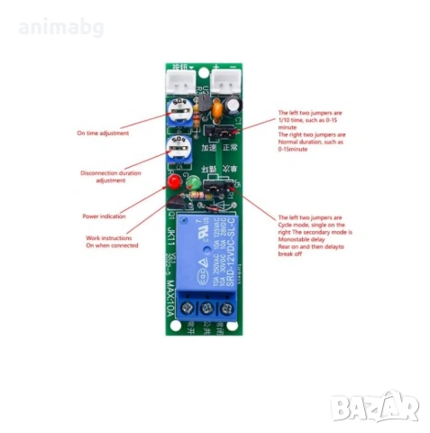 ANIMABG Регулируем цикличен таймер със забавено включване/изключване, Релеен модул за захранване 12V, снимка 5 - Друга електроника - 54548296
