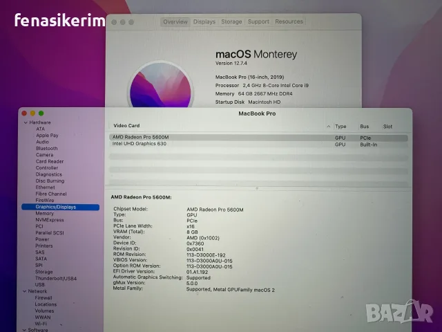 16' CTO Core i9 Apple MacBook Pro 2019 @ 64GB RAM/2ТB SSD/Radeon Pro 5600M 8GB/Бат 6ч , снимка 7 - Лаптопи за работа - 55243792