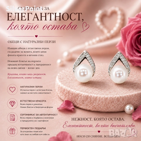 Елегантни сребърни обеци с натурални Перли и сертификат 