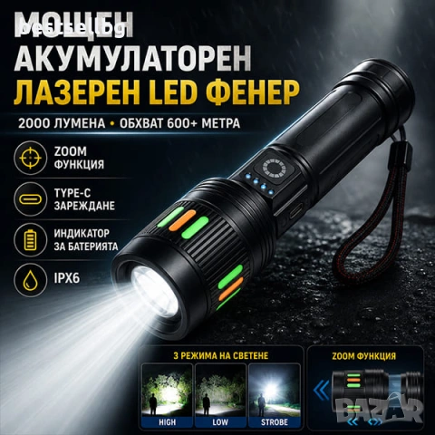Мощен акумулаторен лазерен LED ръчен фенер лазерен диод прожектор USB зареждане риболов къмпинг лов