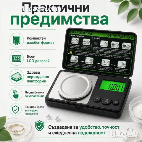 Бижутерска професионална везна 0.001g електронна до 50г за злато бижута камъни лекарства добавки, снимка 6 - Везни - 54340243