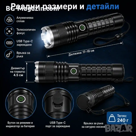 Мощен акумулаторен LED фенер прожектор XHP90 USB зареждане за лов риболов къмпинг палакта планина, снимка 6 - Къмпинг осветление - 51017182