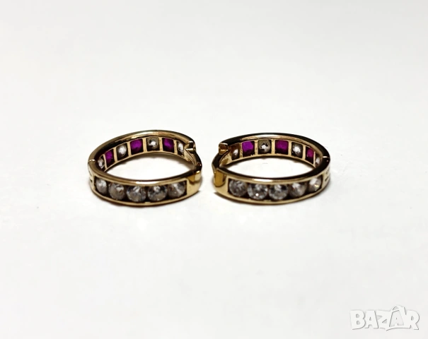 Златни Обеци 1,85 грама 14K(проба 585) с бели и розови циркони, снимка 5 - Обеци - 54939763