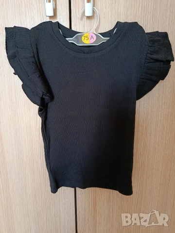 Блуза с къс ръкав и волани,черна,размер 34, XS