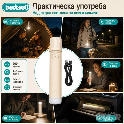 Акумулаторно LED фенерче Aerbes 260 лумена USB Type-C 800mAh с COB лампа и фокус, снимка 3 - Къмпинг осветление - 55154530