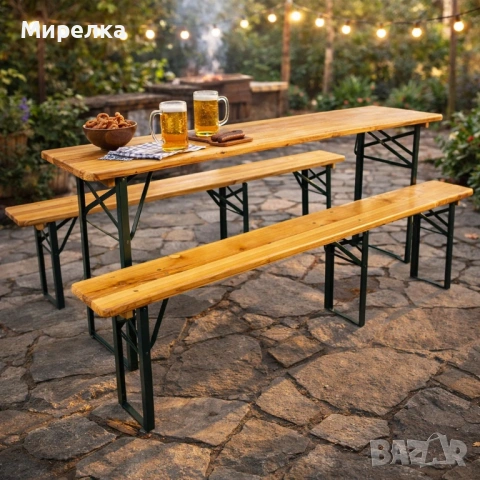 Сгъваем комплект градинска маса с 2 пейки - От чамово дърво