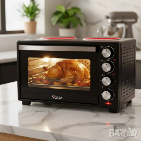 Готварска печка Voltz с фурна и 2 котлона 3200W, компактна електрическа печка за кухня, снимка 2 - Печки, фурни - 54760099