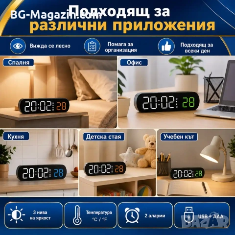 Електронен настолен LED часовник с термометър аларма постоянно светещ на ток USB за дома офиса нов, снимка 7 - Други - 51178926