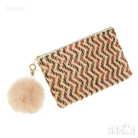 Сламен калъф за очила бежов с многоцветен Zig Zag дизайн и помпон_1235646