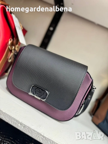 Дамска чанта седло crossbody тъмносива лилаво-розова капак с закопчалка