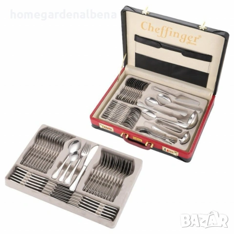 Луксозен комплект прибори Cheffinger – 72 части със златно/сребърно покритие + куфар, снимка 7 - Прибори за хранене, готвене и сервиране - 54166467