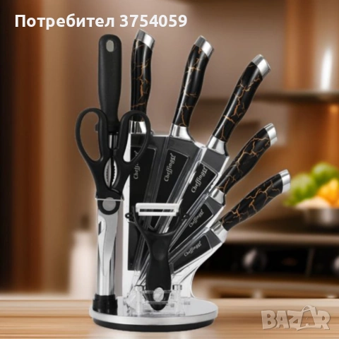 Комплект уреди за рязане Cheffinger – 9 части с мраморно покритие, стойка, точило и белачка, снимка 6 - Прибори за хранене, готвене и сервиране - 55182840