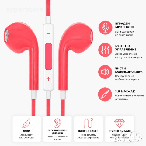 Слушалки с микрофон жични розови тип EarPods за телефон SP01446, Жични, 3.5мм жак, Вграден микрофон, снимка 2 - Слушалки, hands-free - 54962980