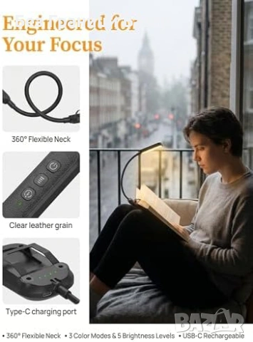 Нов Комплект 2 броя лампи за книга 25 LED 3 цвята таймер USB-C 5 нива клипс, снимка 3 - Други - 54479231