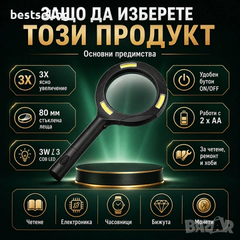 Ръчна увеличителна лупа с LED осветление 3W голямо увеличение 3X за четене офис домашна употреба , снимка 5 - Други инструменти - 22084927