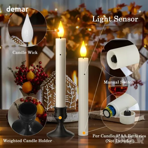 PChero LED конусовидни свещи със сензор от здрач до зори, 10 бр. безпламъчни с батерии, снимка 5 - Свещи и свещници (декоративни) - 55637632