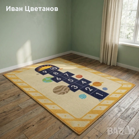 Детски килим за игра 120х160см - Жълт килим с планети и дама, противоплъзгащ и миещ се