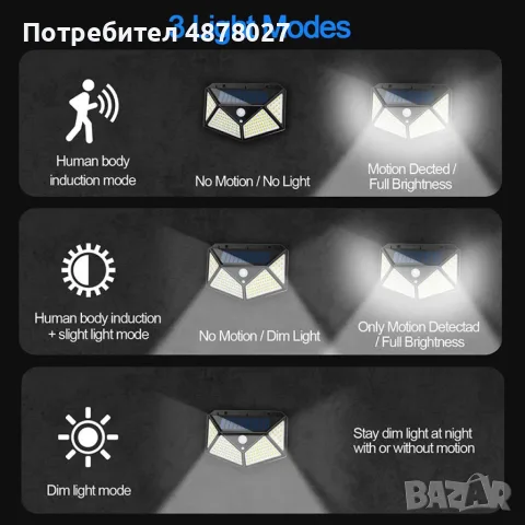 Промоция - 4 Броя  Водоустойчиви Соларни лампи 100LED  "Датчик за движение, снимка 5 - Соларни лампи - 55499222