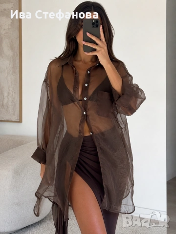 Ефирна прозрачна шоколадова кафява  риза Zara zara , снимка 6 - Ризи - 55203047