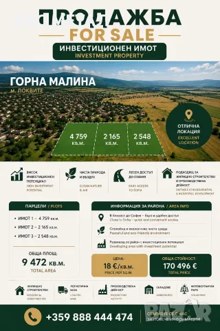 Инвестиционен имот за продажба – с. Горна Малина, м. Локвите