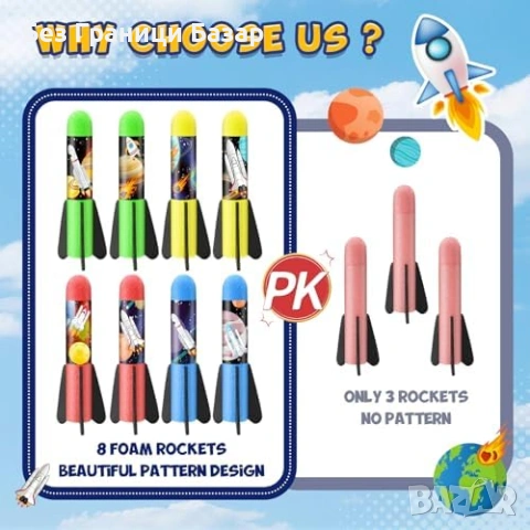 Нов Детски ракетен стартер с 8 дунапренени ракети STEM играчка дете двор игра, снимка 2 - Други - 54344484