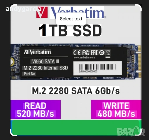  1TB Verbatim Vi560, SATA (6GB/s), размер M.2 (2280), скорост четене 520MB/s, скорост запис 480MB/s