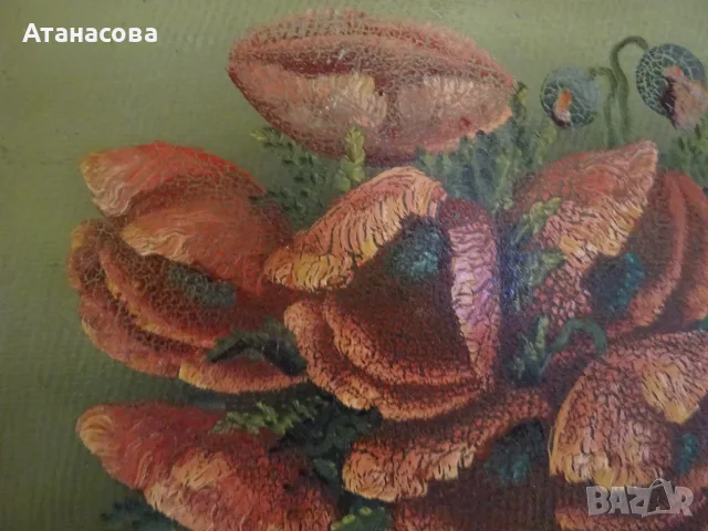 Авторска картина "Ваза с цветя Макове" акрил 1960 г, снимка 4 - Картини - 55405303
