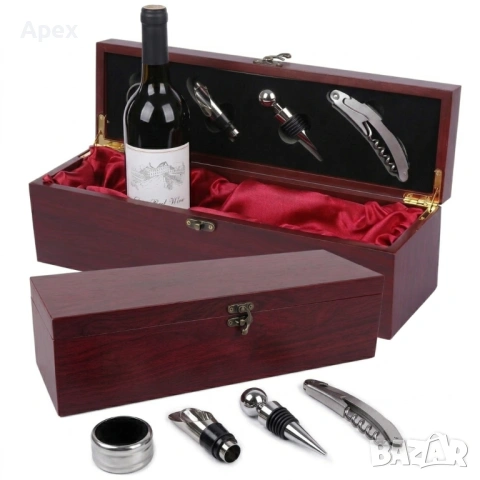 Луксозна Дървена Кутия за Вино с Комплект Аксесоари.Сет за Вино.Подаръчна Кутия за Вино Kutia Vino