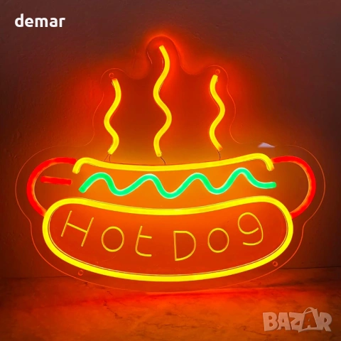 LED неонова табела „Hot Dog“ с USB, димер и окачване за стена/заведение 40×33 см