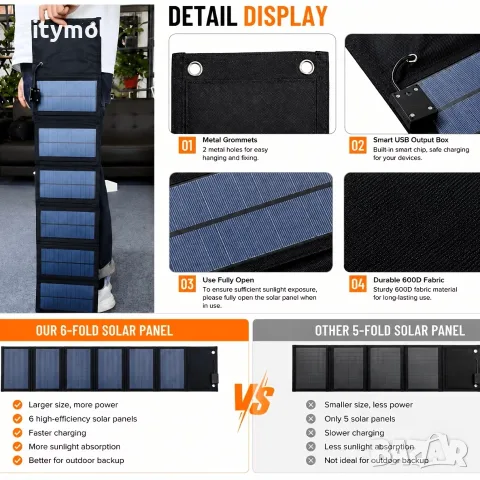 Foldable Solar Panel 45W, сгъваем соларен панел, 6 панела, USB изход, снимка 2 - Външни батерии - 55375694