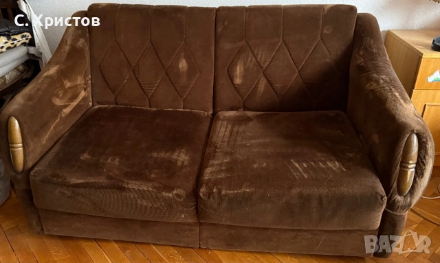 Ретро канапе тъмнокафяво с детайли от масивно дърво, снимка 3 - Дивани и мека мебел - 53993836