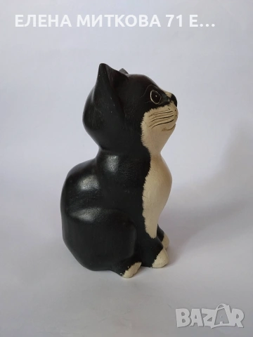 Фигура на котка от дърво в черно и бяло, снимка 2 - Статуетки - 55052418