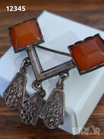 Руска, старинна сребърна брошка- естествен кехлибар!, снимка 4 - Други - 51394870
