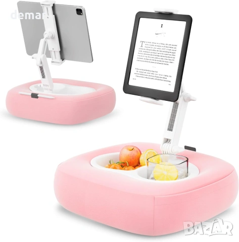 Поставка за таблет/телефон с възглавница, 2 купи, регулируема на 360°, 4.7''-13'', розова