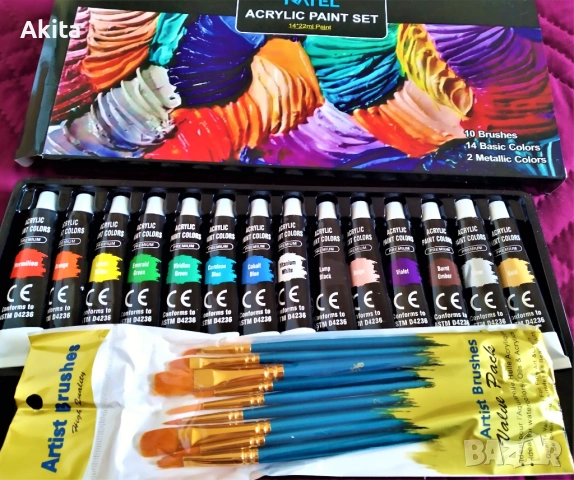 Комплект премиум акрилни бои(14бр.х 22мл.) с 10 четки.