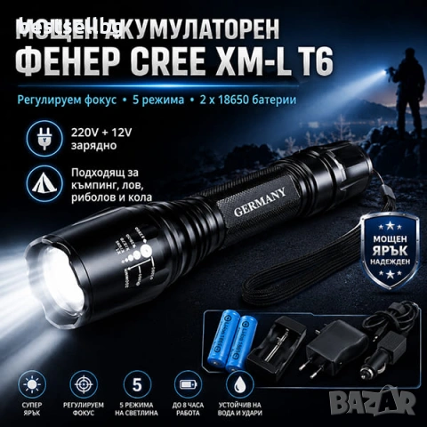 Мощен ръчен акумулаторен LED фенер прожектор за лов риболов планина