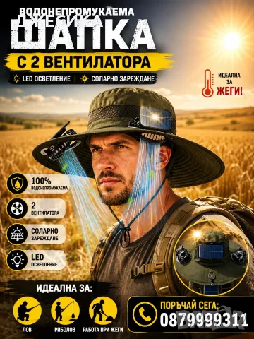 Водонепромукаема шапка с два вентилатора, соларно зареждане - идеална за лов и риболов