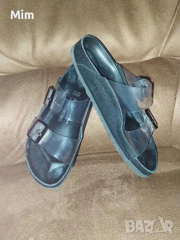 MONOLO BLAHNIK BIRJENSTOSK 40 Черни чехли с анатомична подметка и PVC Прозрачни каишки с катарамки 