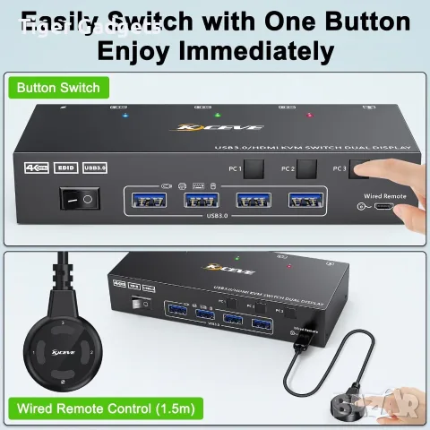 Kceve KVM302AS KVM суич за 3 компютъра и 2 монитора, 4K@60Hz, USB 3.0, EDID, HDMI, снимка 5 - Кабели и адаптери - 55559074