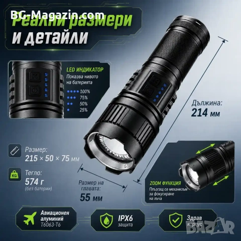 Мощен ръчен фенер прожектор LED лазерен диод презареждащ се USB Power Bank за лов риболов къмпинг, снимка 5 - Къмпинг осветление - 51017212