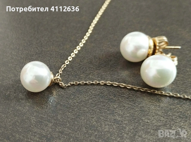 Комплект сребърно колие и обеци с перли и позлата на марката Majorica 