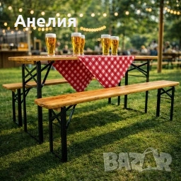 С ДЕФЕКТ - Сгъваем комплект градинска маса с 2 пейки - От чамово дърво - С ДЕФЕКТ виж снимките