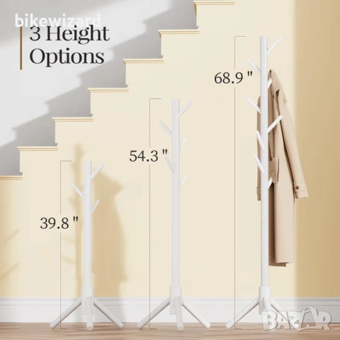 Самостоятелна дървена закачалка с регулируеми размери, 8 куки – бяла НОВО