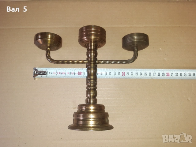 Стар тежък масивен троен бронзов свещник, снимка 3 - Антикварни и старинни предмети - 54368308