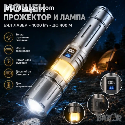 Акумулаторен прожектор и къмпинг лампа YEMAO 2в1 с Power Bank и USB-C, снимка 8 - Къмпинг осветление - 55123699