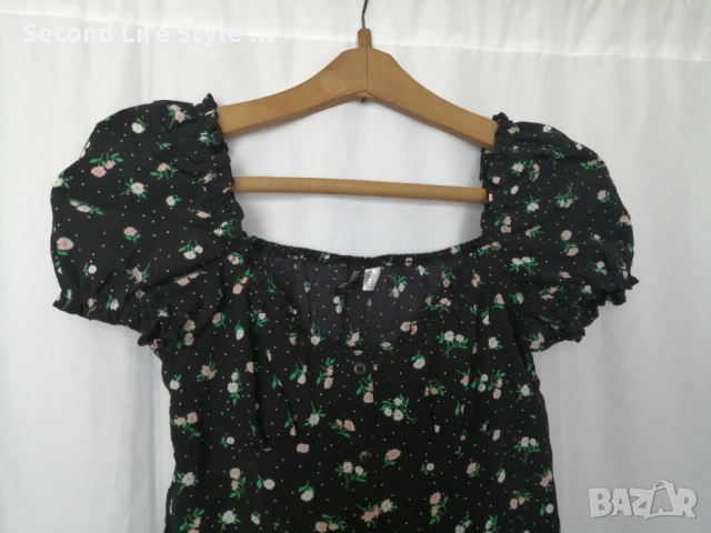 H&M дамска къса рокля с буфан ръкави, копчета отпред и принт цветя и точки р-р S (EU 36), снимка 4 - Рокли - 54157985