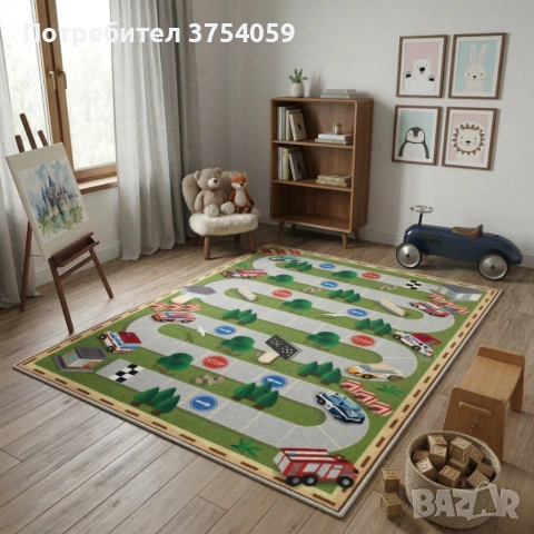 Детски килим за игра 120х160см - Тъмнозелен килим с автописта, противоплъзгащ и миещ се, снимка 4 - Килими - 55162627