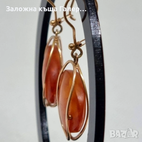 Винтидж златни обеци с кехлибар – съветско злато, проба 583, 7,41г, снимка 3 - Обеци - 54215707