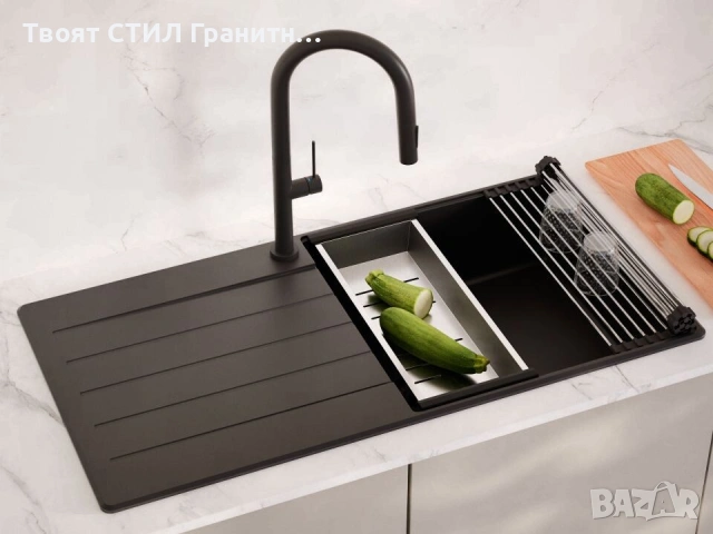 Черна кухненска мивка от гранит Копенхаген 1000x500 Top 60, снимка 3 - Мивки - 55123786