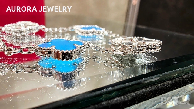 Van Cleef & Arpels VCA 5 Motifs Silver Blue Agate Clear Vintage Alhambra Дамска Гривна, снимка 5 - Гривни - 54736911